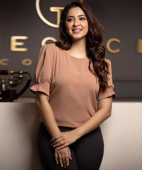 Brown Sleeve Puff Chiffon Top